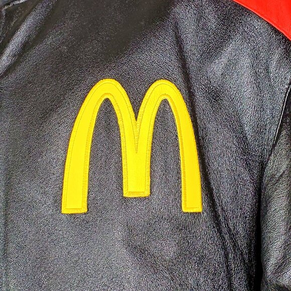 Vintage McDonalds Racing Team Large Leather Bomber Jacket Black Red Yellow - Picture 4 of 16